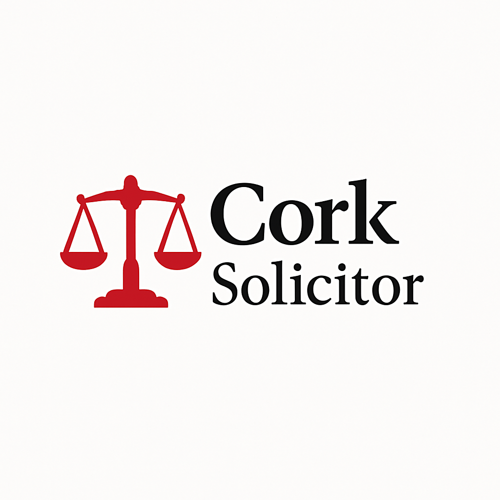 Cork Solicitor logo with red justice scales and bold black text